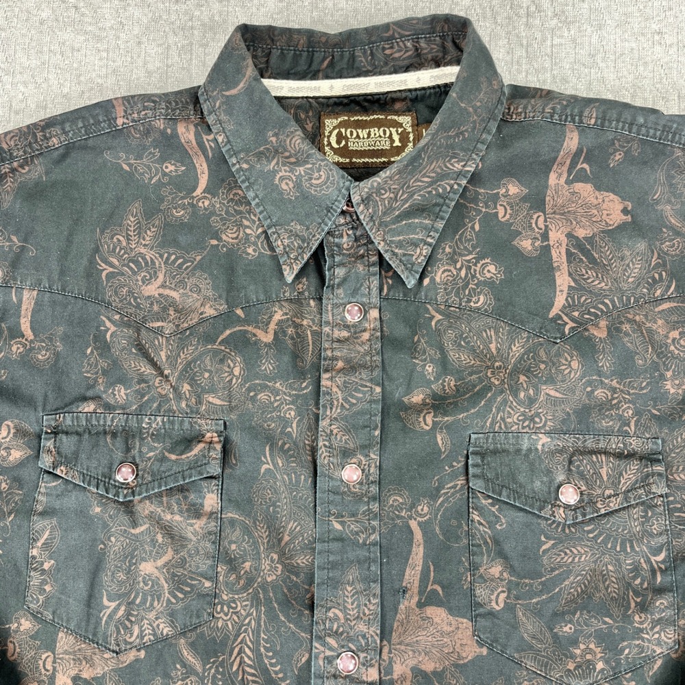 Cowboy Hardware Western Shirt Mens L Black Copper Longhorn Paisley Pearl Snap